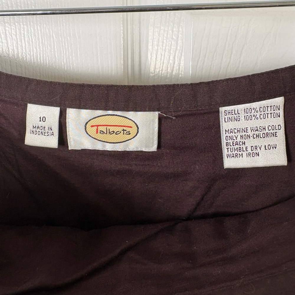 Vtg Talbots Pleated A-Line Skirt 10 Brown Cotton Knee-Length Lined Dark Academia - Picture 2 of 6